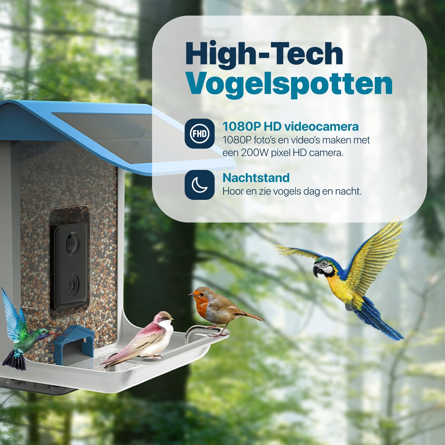 Vogelvoederhuisje - Camera en Audio - AI Vogelherkenning - Hangend