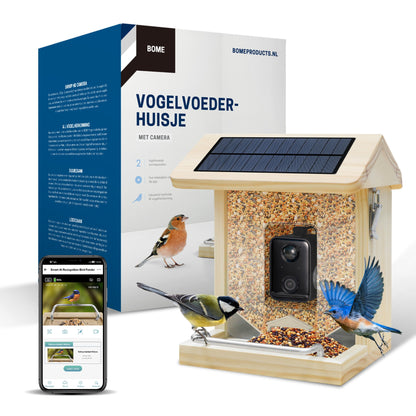 Vogelvoederhuisje - Camera en Audio - AI Vogelherkenning - Hout - Dubbel zonnepaneel - Hangend