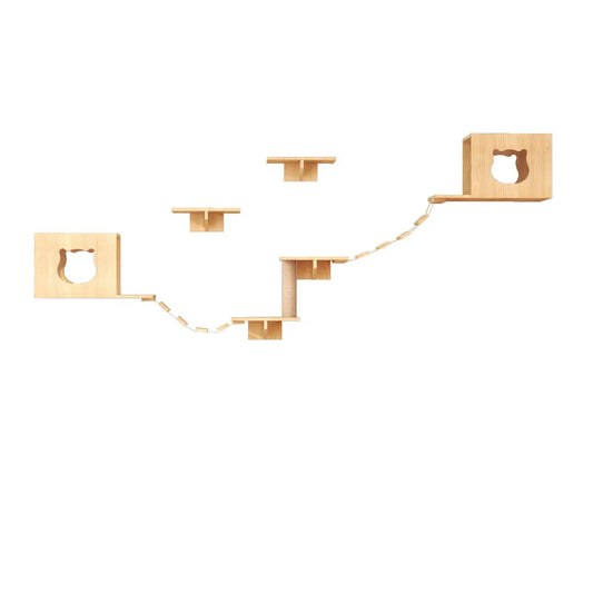 Katten klimwand - 2 kattenhuisjes 4 plateaus 2 hangbruggen en 1 krabpaal