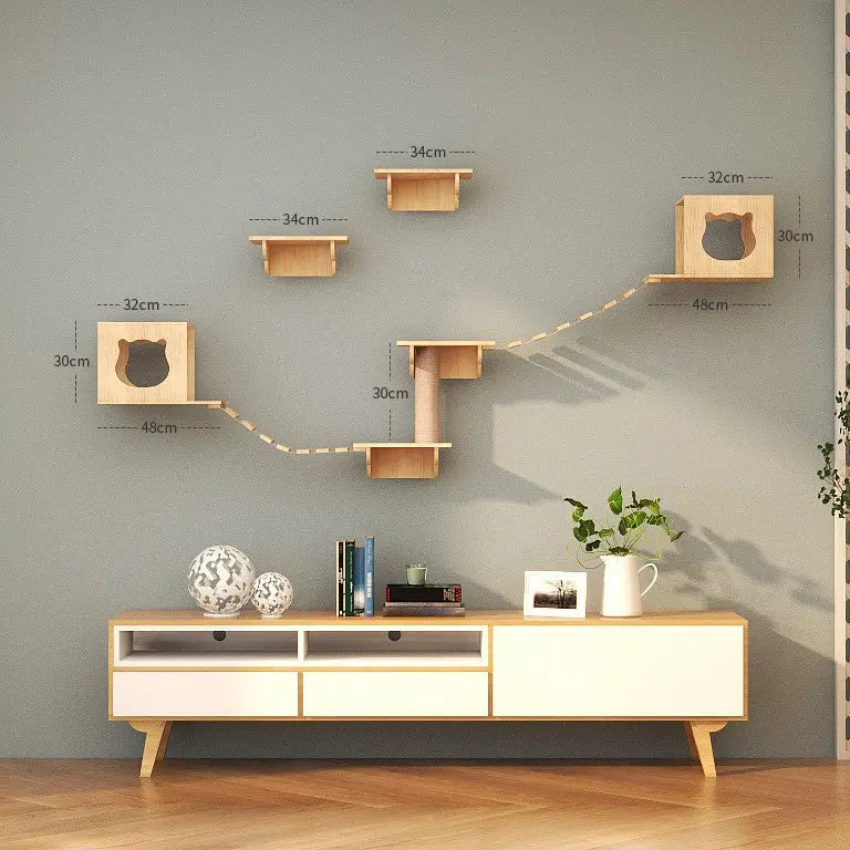 Katten klimwand - 2 kattenhuisjes 4 plateaus 2 hangbruggen en 1 krabpaal
