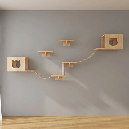 Katten klimwand - 2 kattenhuisjes 4 plateaus 2 hangbruggen en 1 krabpaal