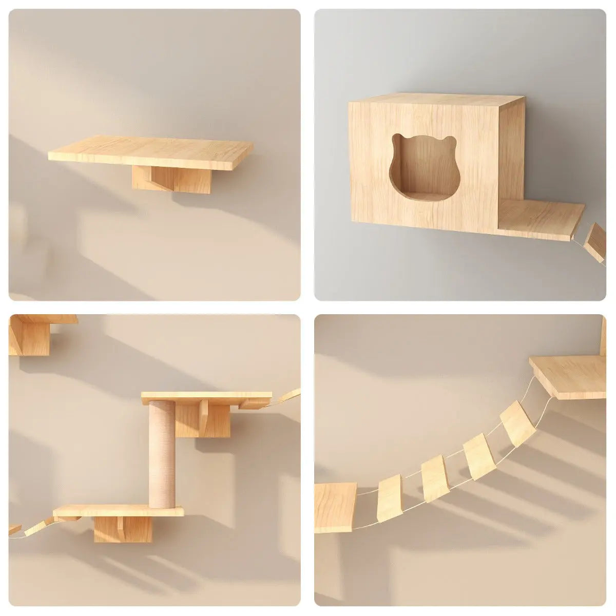 Katten klimwand - 2 kattenhuisjes 4 plateaus 2 hangbruggen en 1 krabpaal