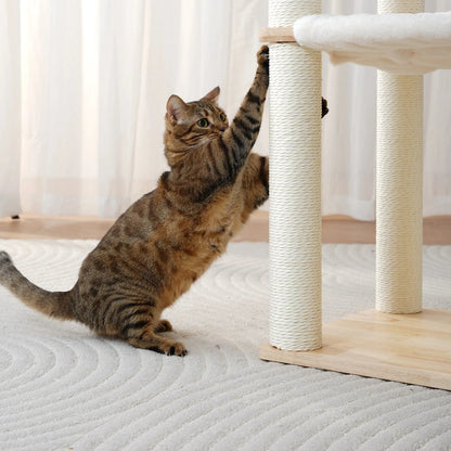 Moderne kattenboom van rubberhout - krabpaal met kattenmand en trap